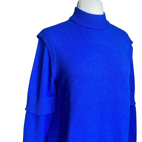 H Halston Solid Blue Sweater Size Medium Layered Sleeves - Picture 3 of 8